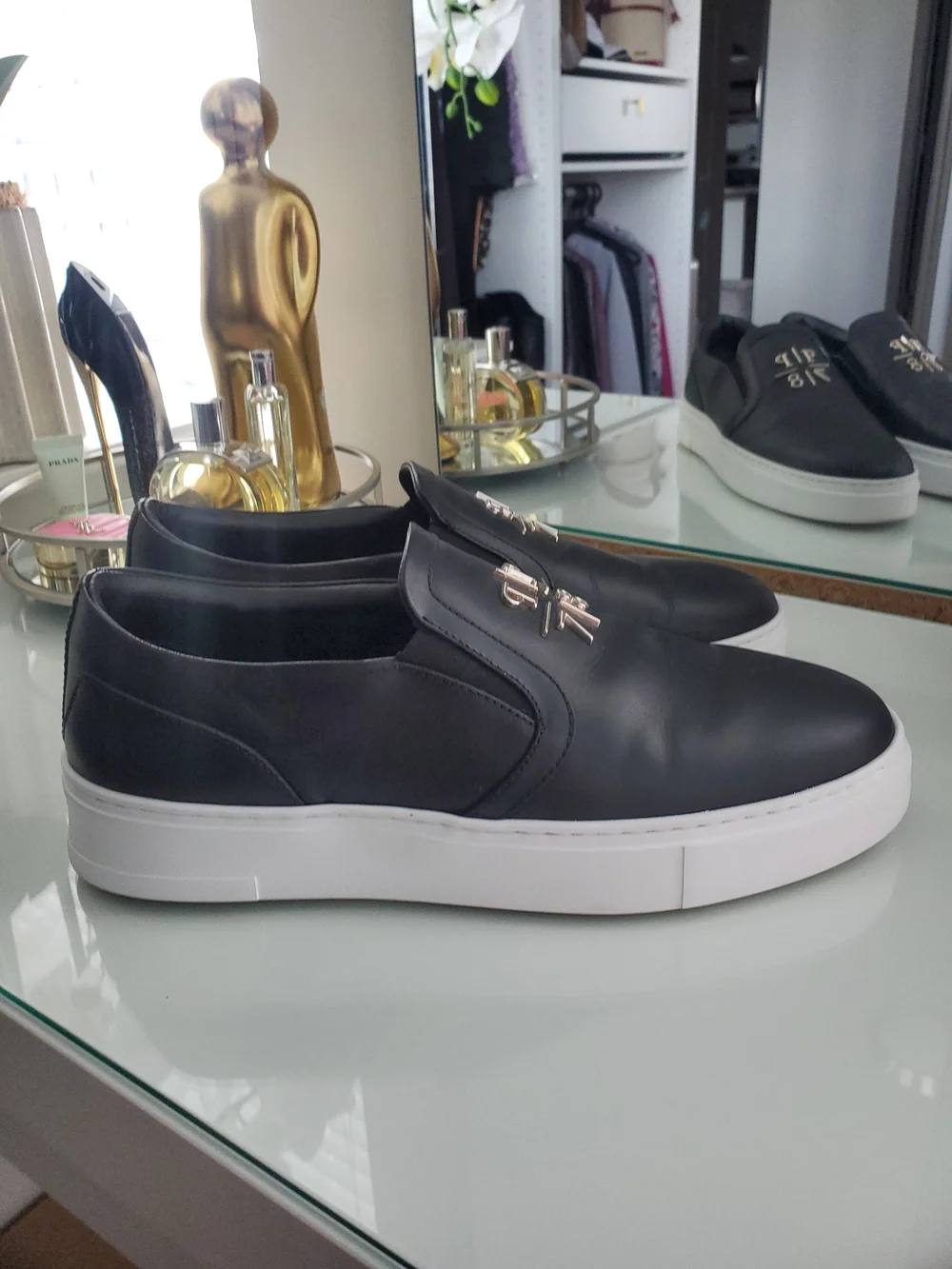 Philipp Plein Unisex Black Leather Slip-On Sneakers Sz 41